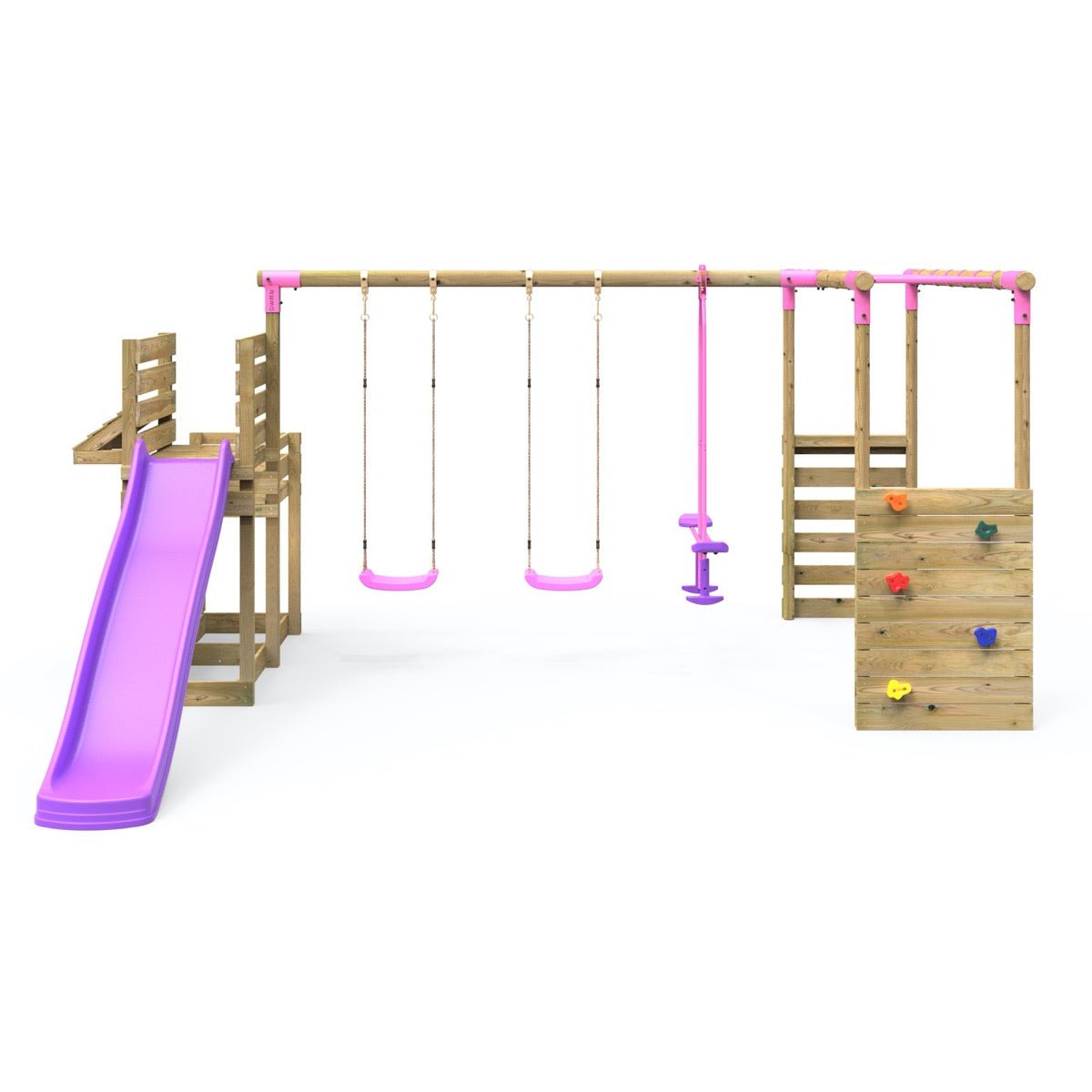 Rebo Wooden Swing Set plus Deluxe Deck, 8FT Slide & Monkey Bars - Neptune Pink