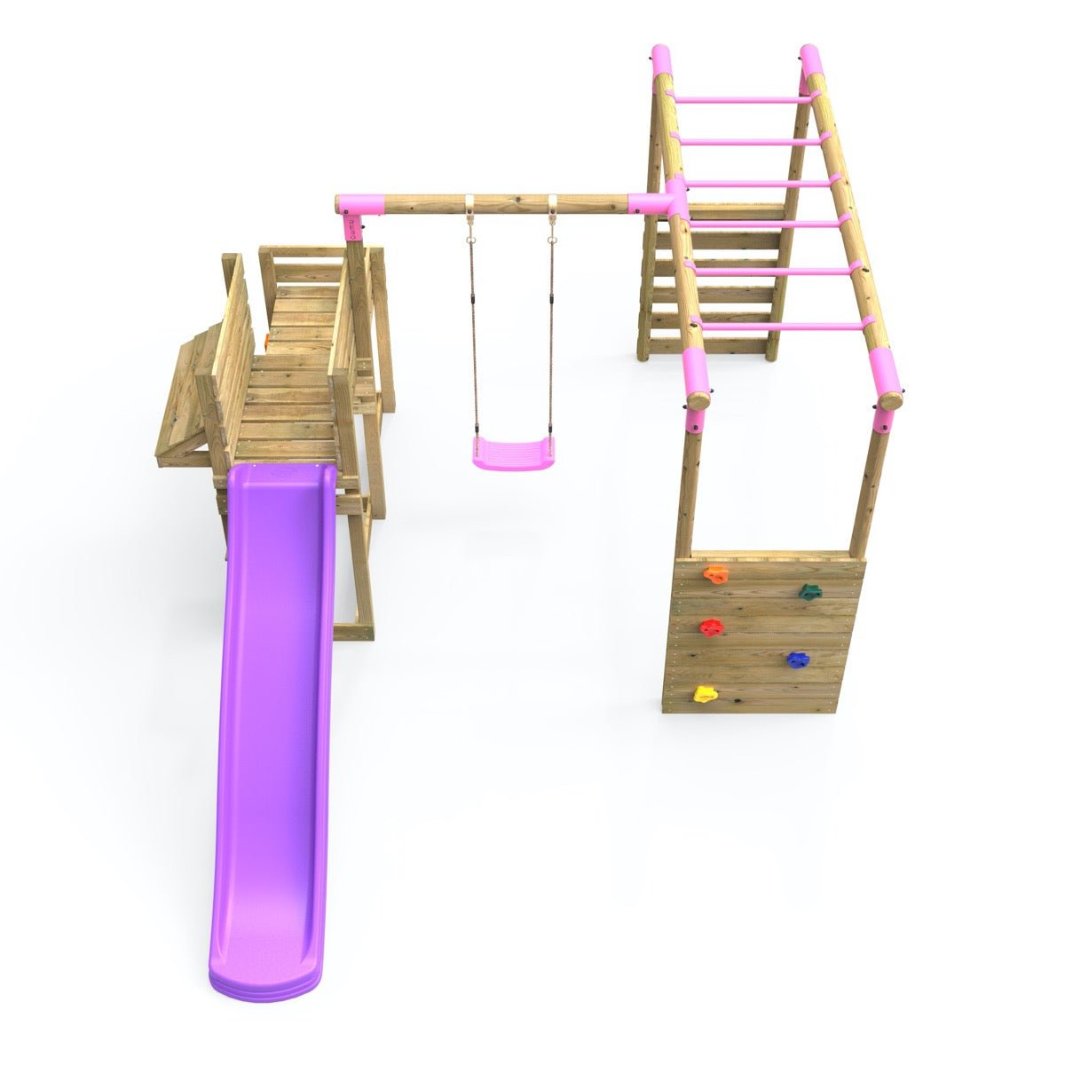 Rebo Wooden Swing Set plus Deluxe Deck, 8FT Slide & Monkey Bars - Solar Pink