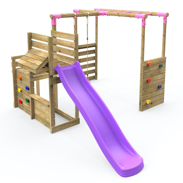 Rebo Wooden Swing Set plus Deluxe Deck, 8FT Slide & Monkey Bars - Solar Pink