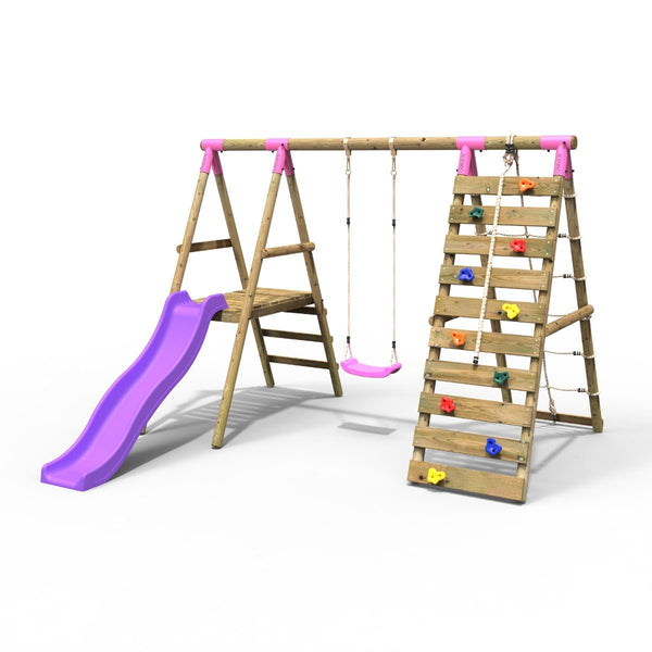 Rebo Wooden Swing Set with Deck and Slide plus Up and Over Climbing Wall - Amber