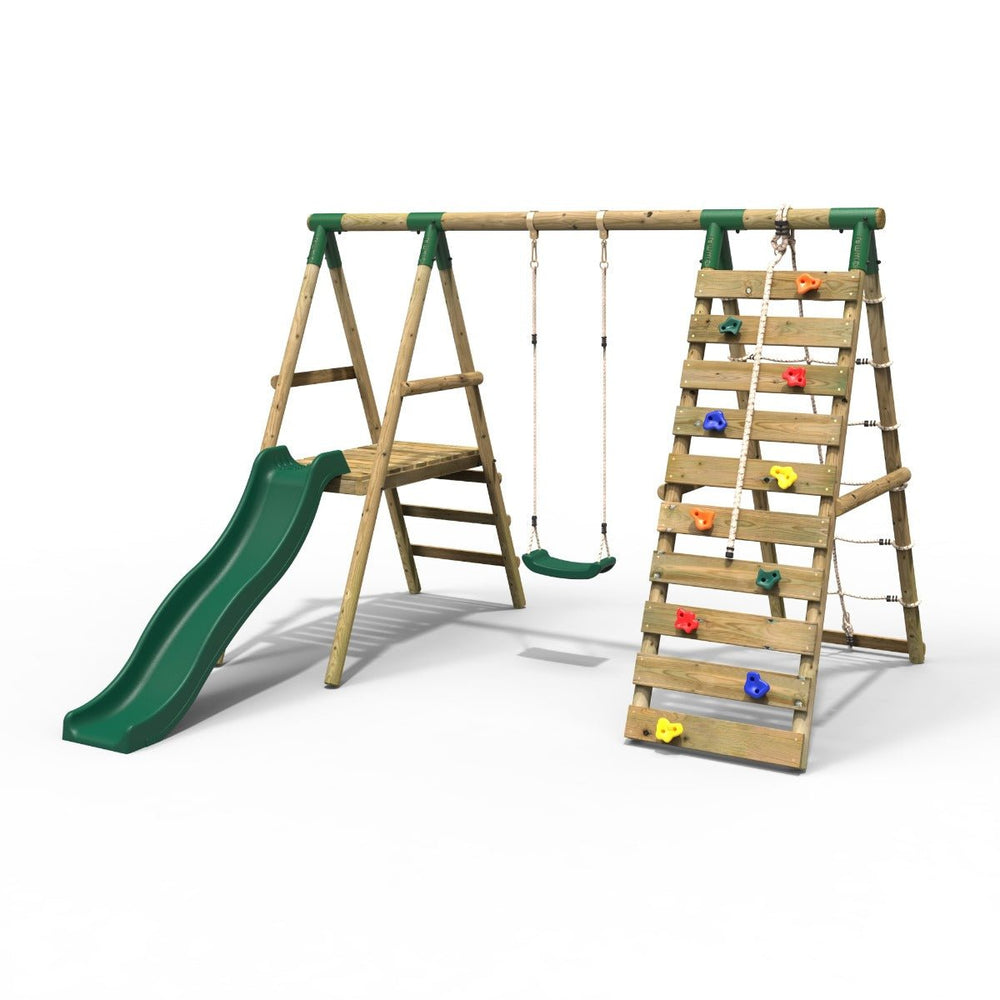 Rebo Wooden Swing Set with Deck, Slide & Climbing Wall - Amber Green