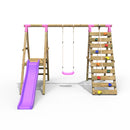 Rebo Wooden Swing Set with Deck and Slide plus Up and Over Climbing Wall - Amber