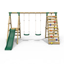 Rebo Wooden Swing Set with Deck and Slide plus Up and Over Climbing Wall - Jade