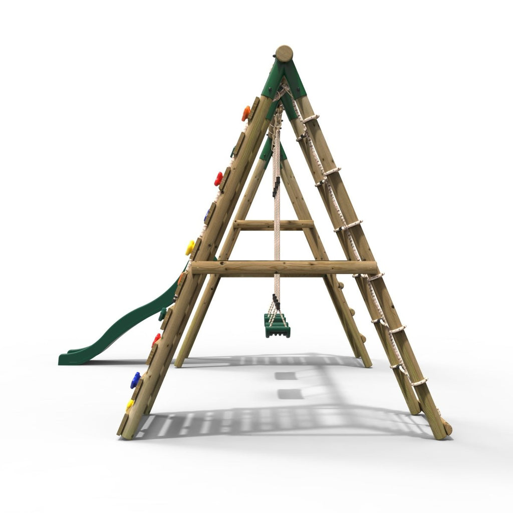Rebo Jade Green Swing Set with Deck, Slide & Climbing Wall