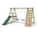 Rebo Wooden Swing Set with Deck and Slide plus Up and Over Climbing Wall - Jade