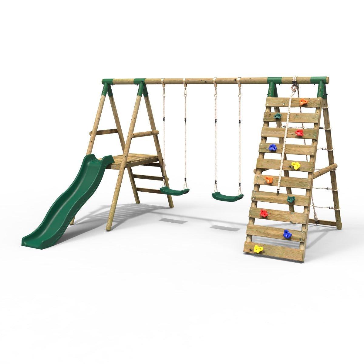 Rebo Wooden Swing Set with Deck and Slide plus Up and Over Climbing Wall - Jade