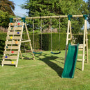 Rebo Wooden Swing Set with Deck and Slide plus Up and Over Climbing Wall - Jade
