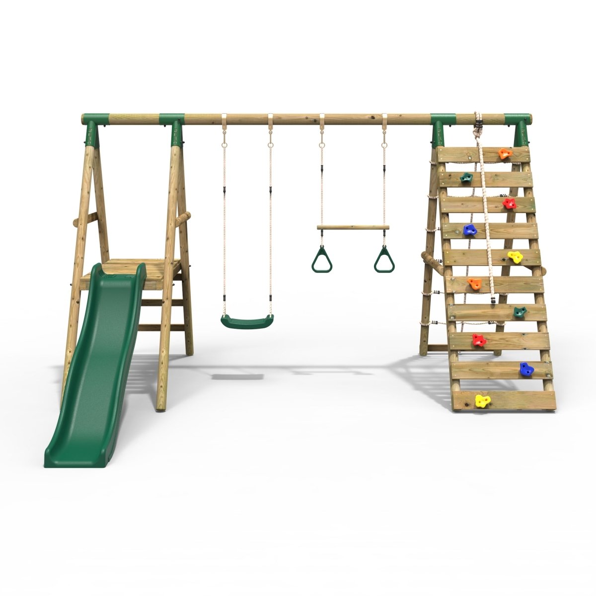 Rebo Wooden Swing Set with Deck and Slide plus Up and Over Climbing Wall - Jasper