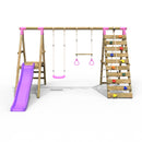 Rebo Wooden Swing Set with Deck and Slide plus Up and Over Climbing Wall - Jasper