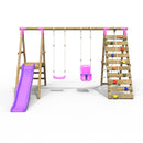 Rebo Wooden Swing Set with Deck and Slide plus Up and Over Climbing Wall - Moonstone