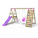 Rebo Wooden Swing Set with Deck and Slide plus Up and Over Climbing Wall - Moonstone