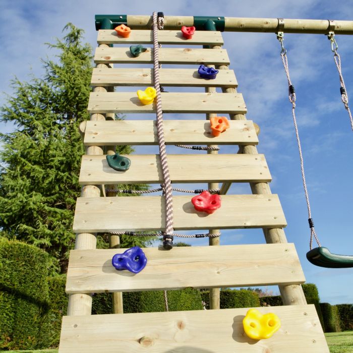 Rebo Wooden Swing Set with Deck and Slide plus Up and Over Climbing Wall - Moonstone Green