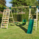 Rebo Wooden Swing Set with Deck and Slide plus Up and Over Climbing Wall - Moonstone Green