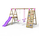 Rebo Wooden Swing Set with Deck and Slide plus Up and Over Climbing Wall - Obsidian