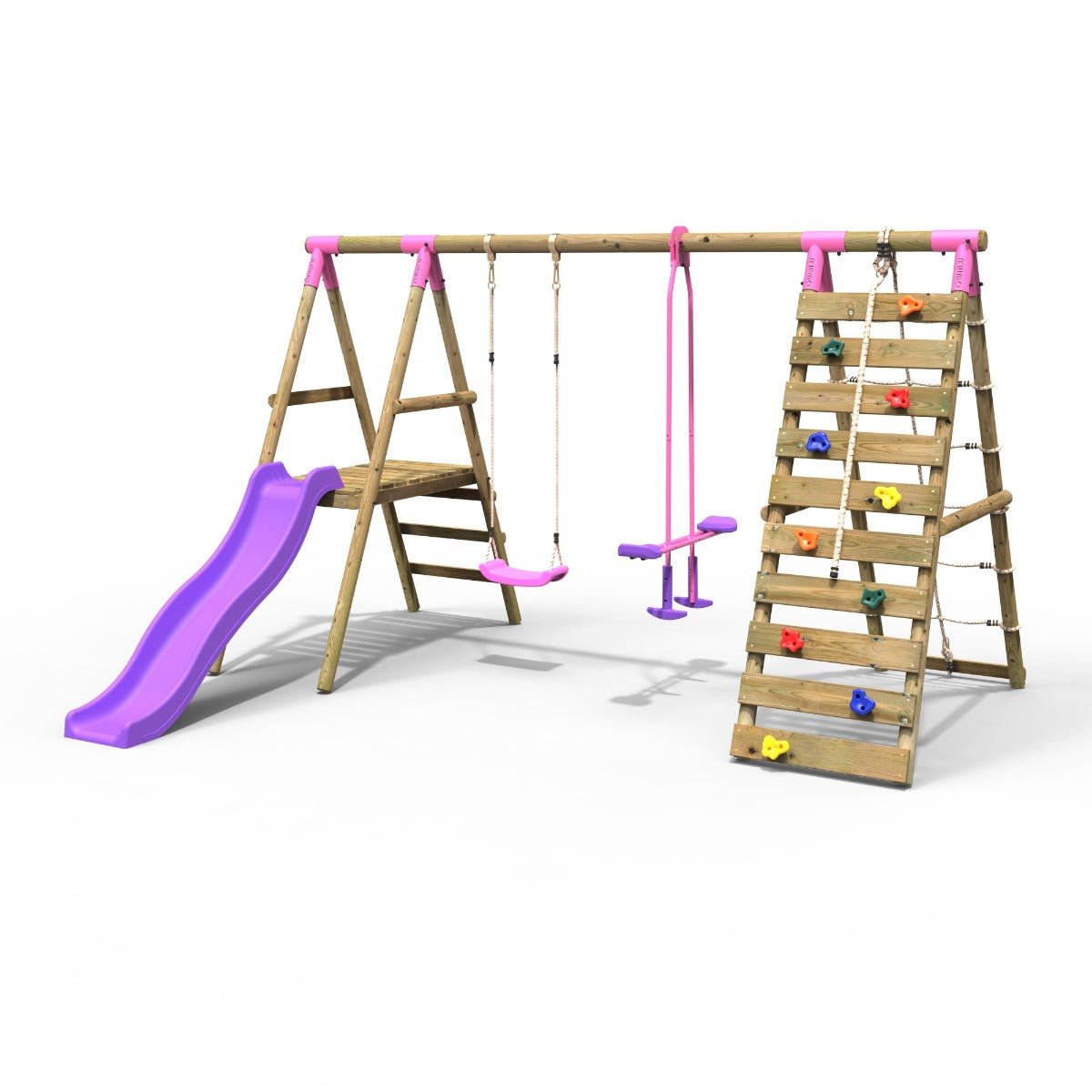 Rebo Wooden Swing Set with Deck and Slide plus Up and Over Climbing Wall - Obsidian