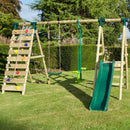 Rebo Wooden Swing Set with Deck and Slide plus Up and Over Climbing Wall - Obsidian