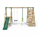 Rebo Wooden Swing Set with Deck and Slide plus Up and Over Climbing Wall - Obsidian