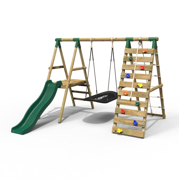 Rebo Wooden Swing Set with Deck and Slide plus Up and Over Climbing Wall - Onyx