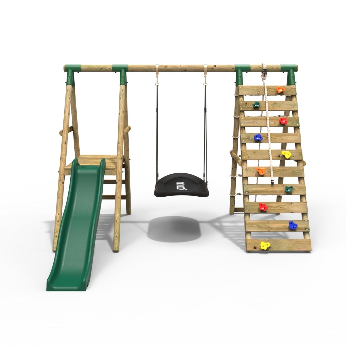 Rebo Wooden Swing Set with Deck and Slide plus Up and Over Climbing Wall - Onyx