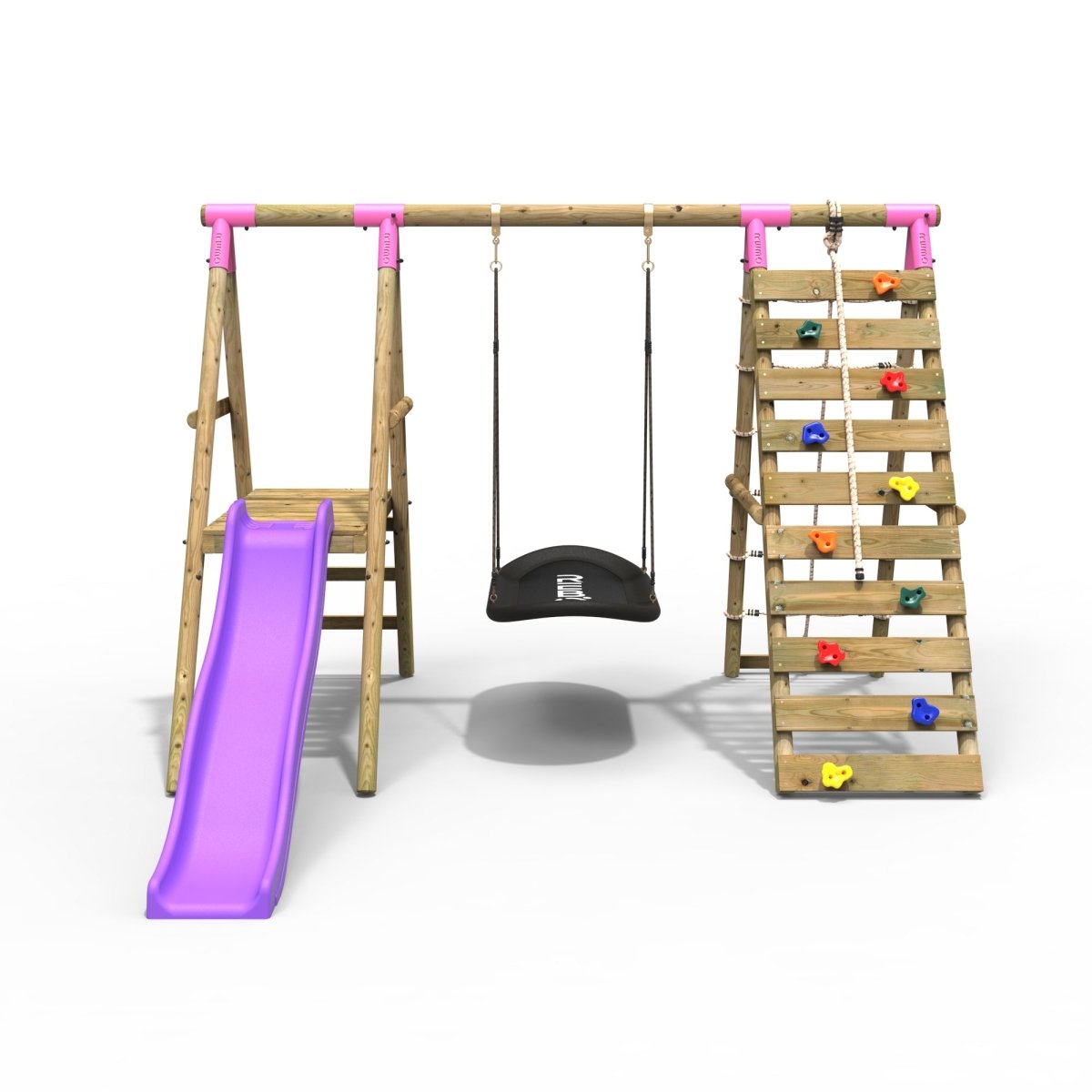 Rebo Wooden Swing Set with Deck and Slide plus Up and Over Climbing Wall - Onyx Pink
