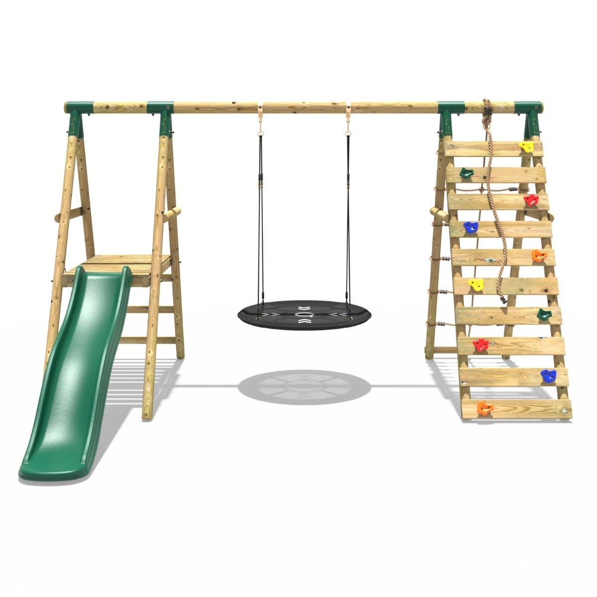 Rebo Wooden Swing Set with Deck and Slide plus Up and Over Climbing Wall - Pyrite