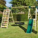 Rebo Wooden Swing Set with Deck and Slide plus Up and Over Climbing Wall - Pyrite