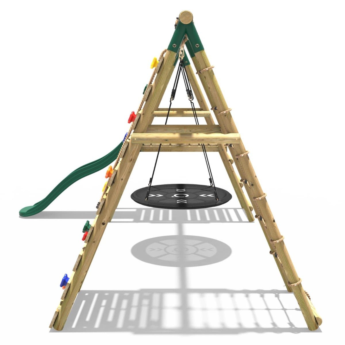 Rebo Wooden Swing Set with Deck and Slide plus Up and Over Climbing Wall - Pyrite
