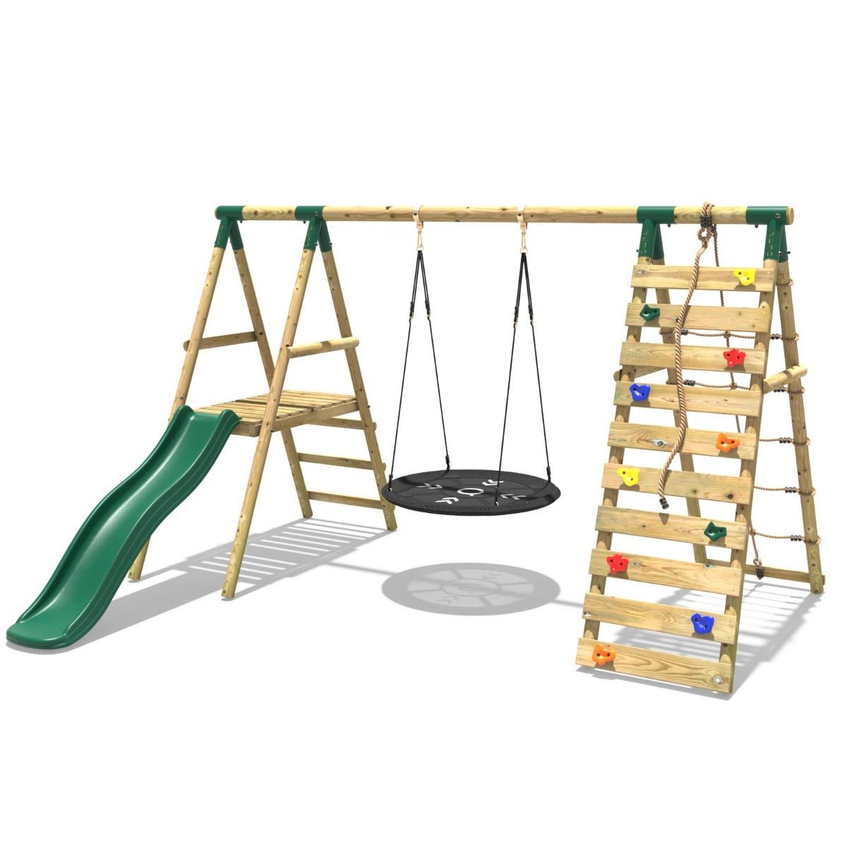 Rebo Wooden Swing Set with Deck and Slide plus Up and Over Climbing Wall - Pyrite