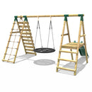 Rebo Wooden Swing Set with Deck and Slide plus Up and Over Climbing Wall - Pyrite