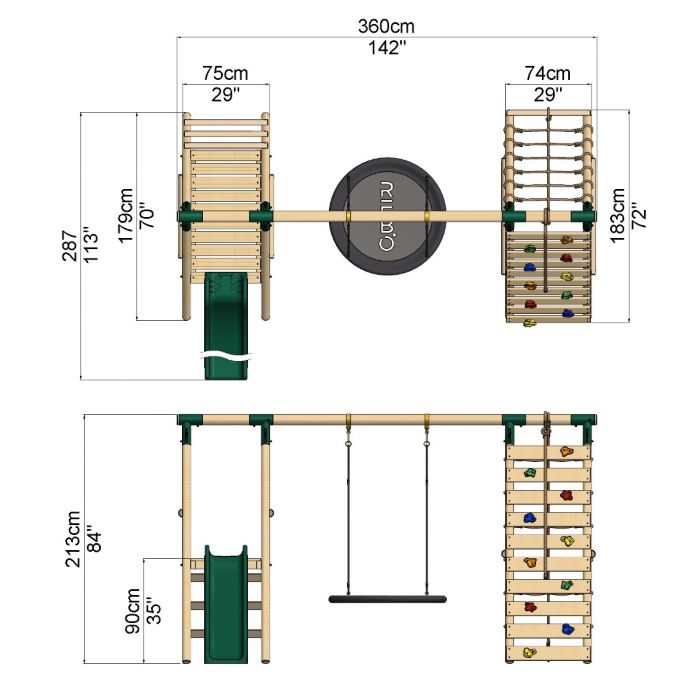 Rebo Wooden Swing Set with Deck and Slide plus Up and Over Climbing Wall - Pyrite