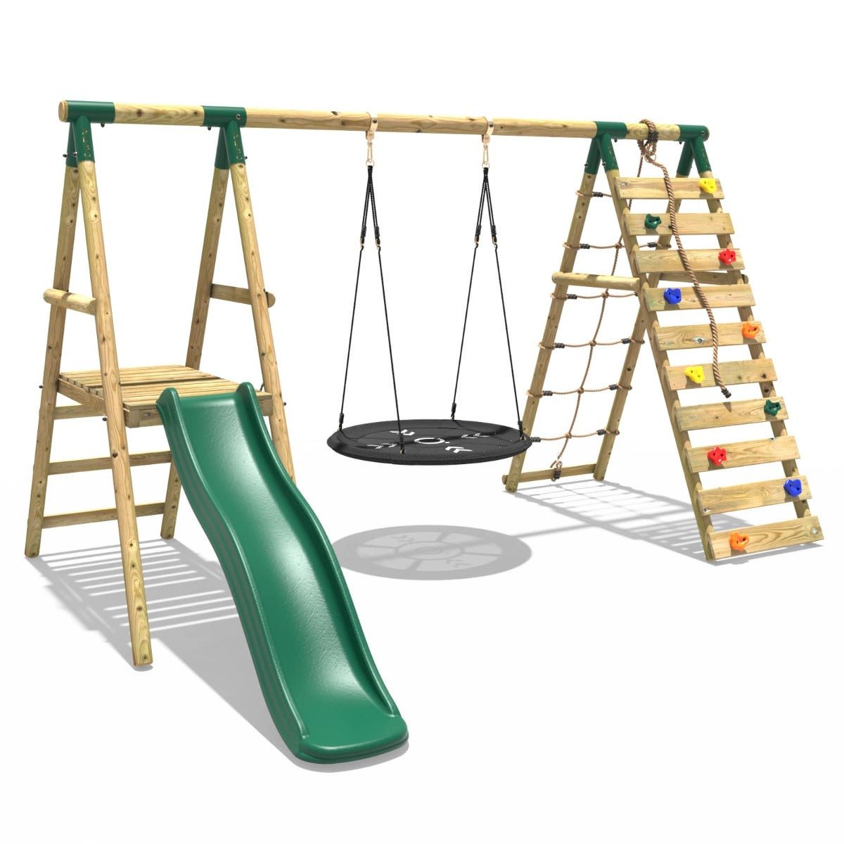 Rebo Wooden Swing Set with Deck and Slide plus Up and Over Climbing Wall - Pyrite
