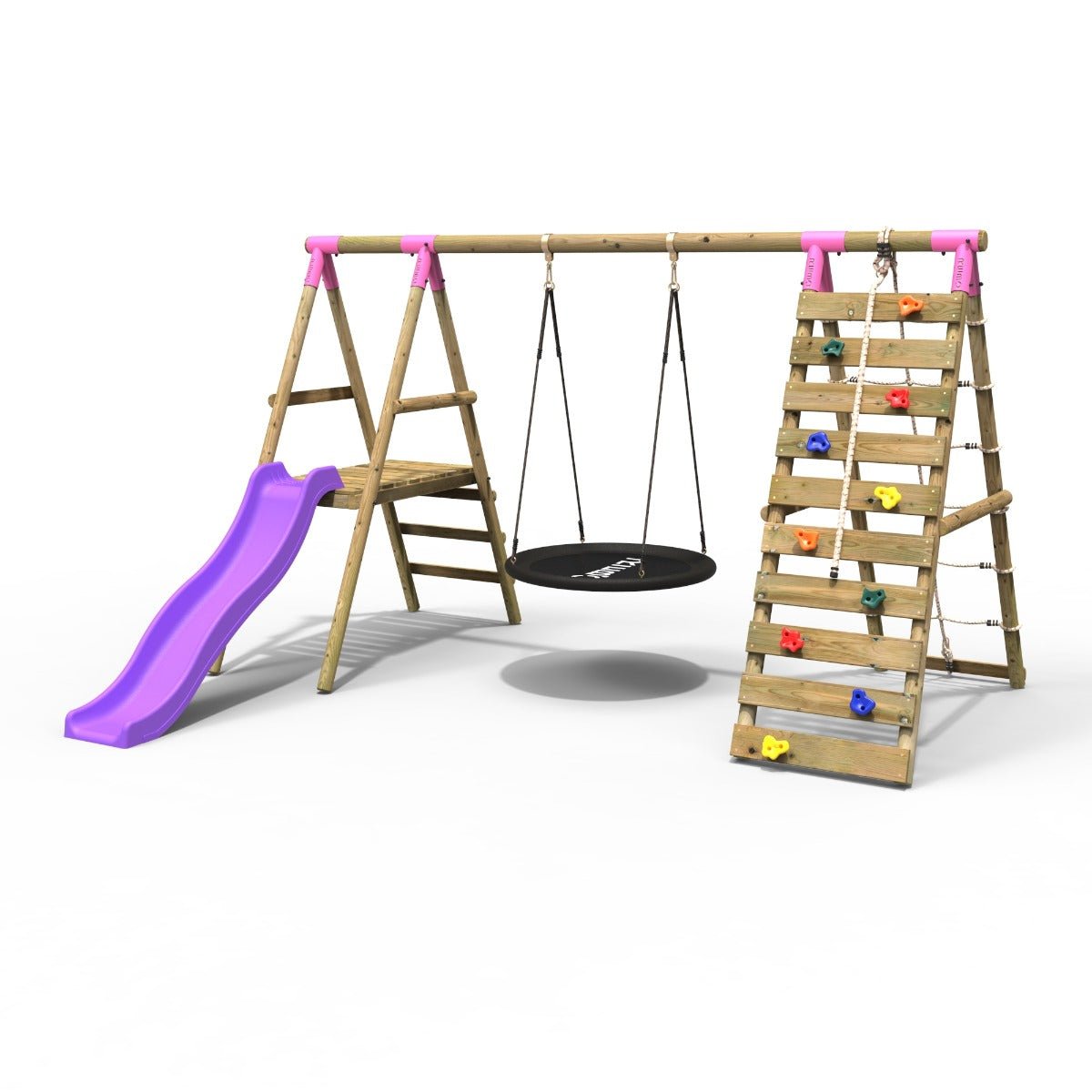 Rebo Wooden Swing Set with Deck and Slide plus Up and Over Climbing Wall - Pyrite Pink