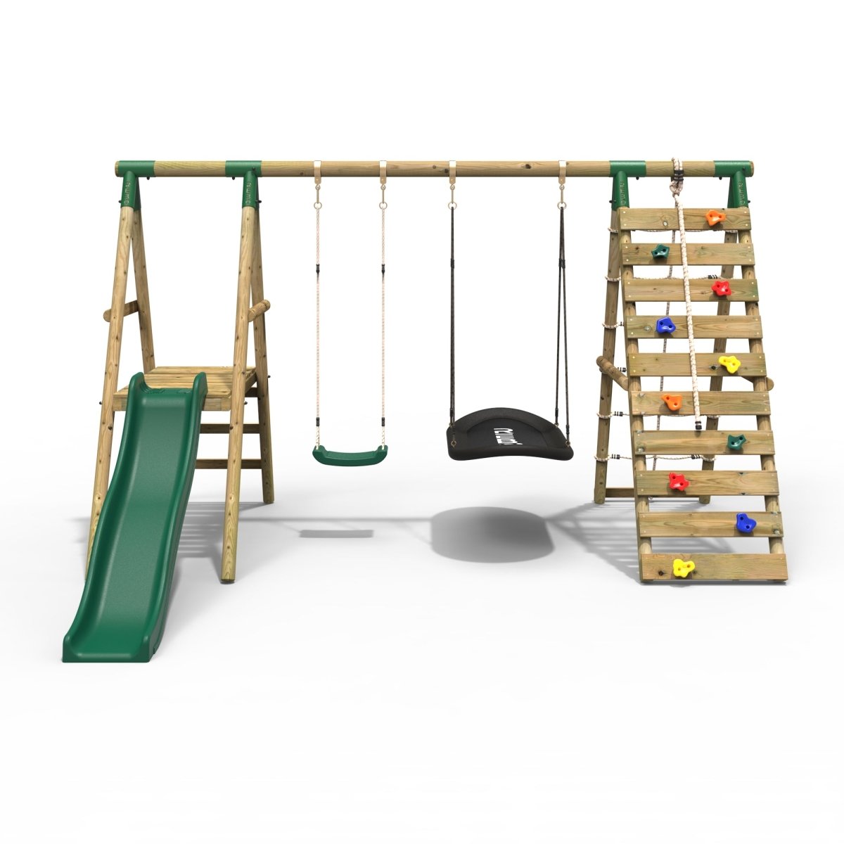 Rebo Wooden Swing Set with Deck and Slide plus Up and Over Climbing Wall - Quartz Green