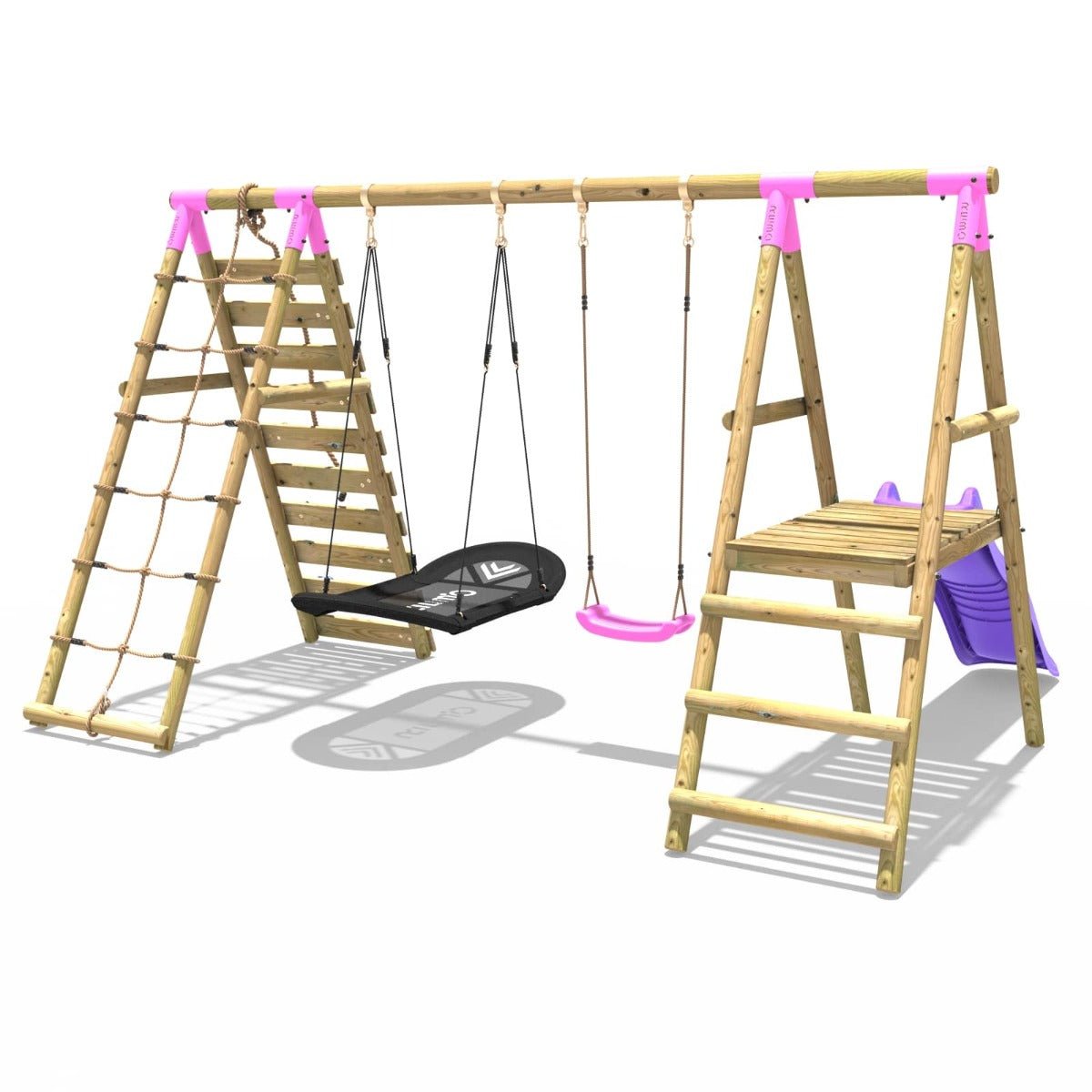 Rebo Wooden Swing Set with Deck and Slide plus Up and Over Climbing Wall - Quartz Pink