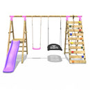 Rebo Wooden Swing Set with Deck and Slide plus Up and Over Climbing Wall - Quartz Pink