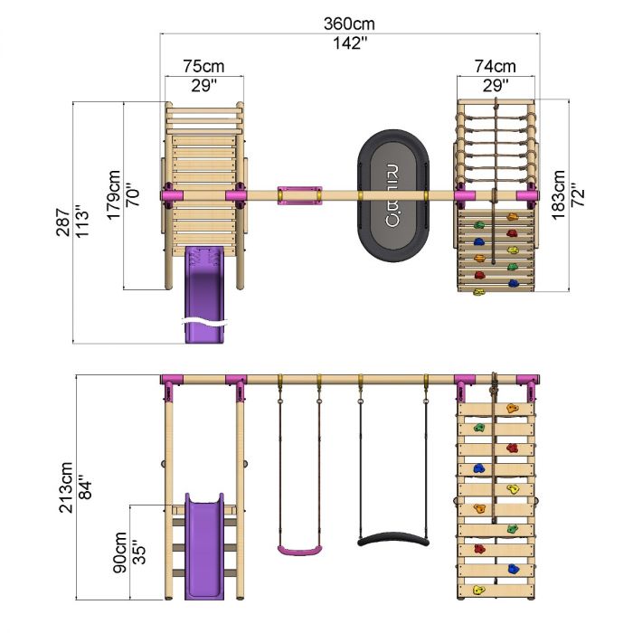 Rebo Wooden Swing Set with Deck and Slide plus Up and Over Climbing Wall - Quartz Pink