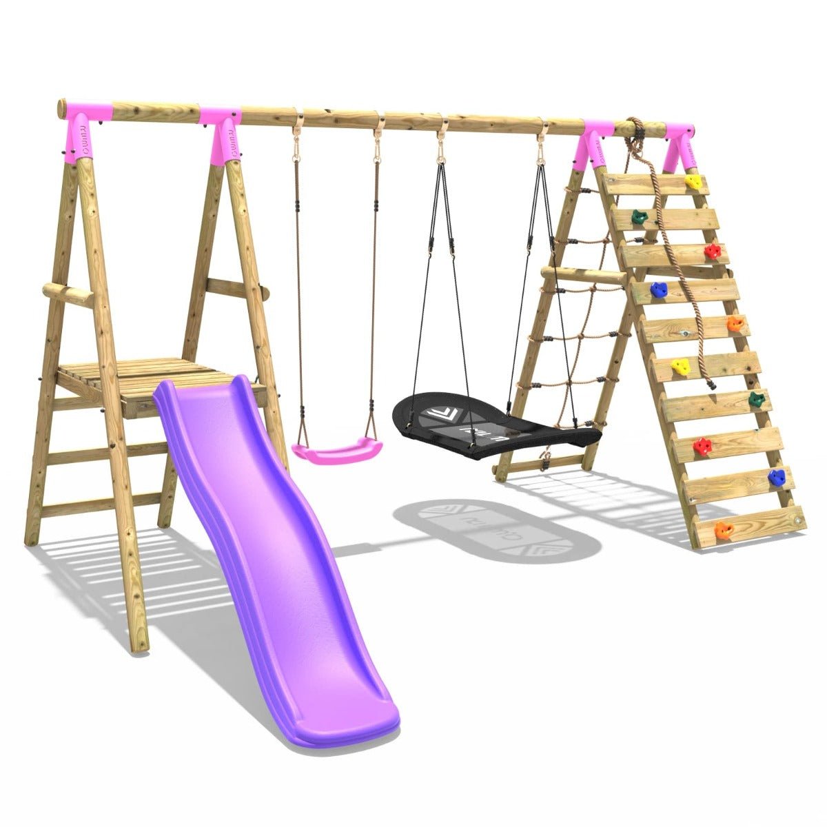 Rebo Quartz Pink Swing Set w/ Deck, Slide Climbing Wall