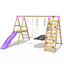 Rebo Wooden Swing Set with Deck and Slide plus Up and Over Climbing Wall - Quartz Pink