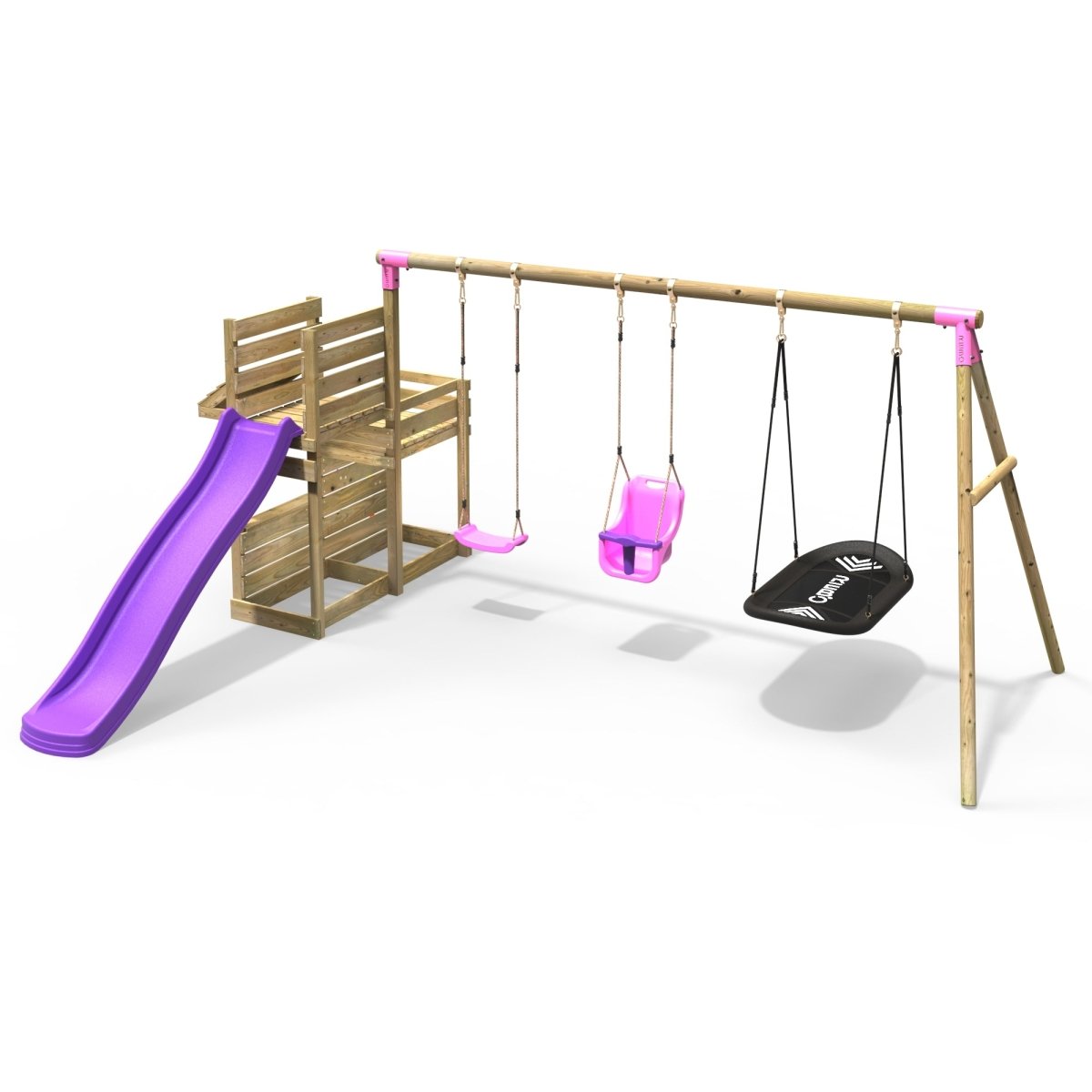 Rebo Wooden Swing Set with Deluxe Add on Deck & 8FT Slide - Halley Pink