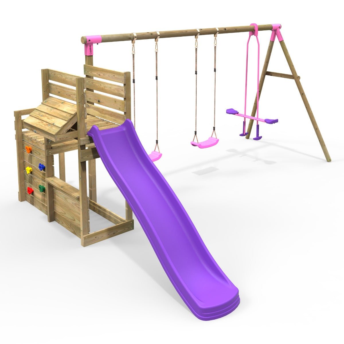 Rebo Wooden Swing Set with Deluxe Add on Deck & 8FT Slide - Neptune Pink