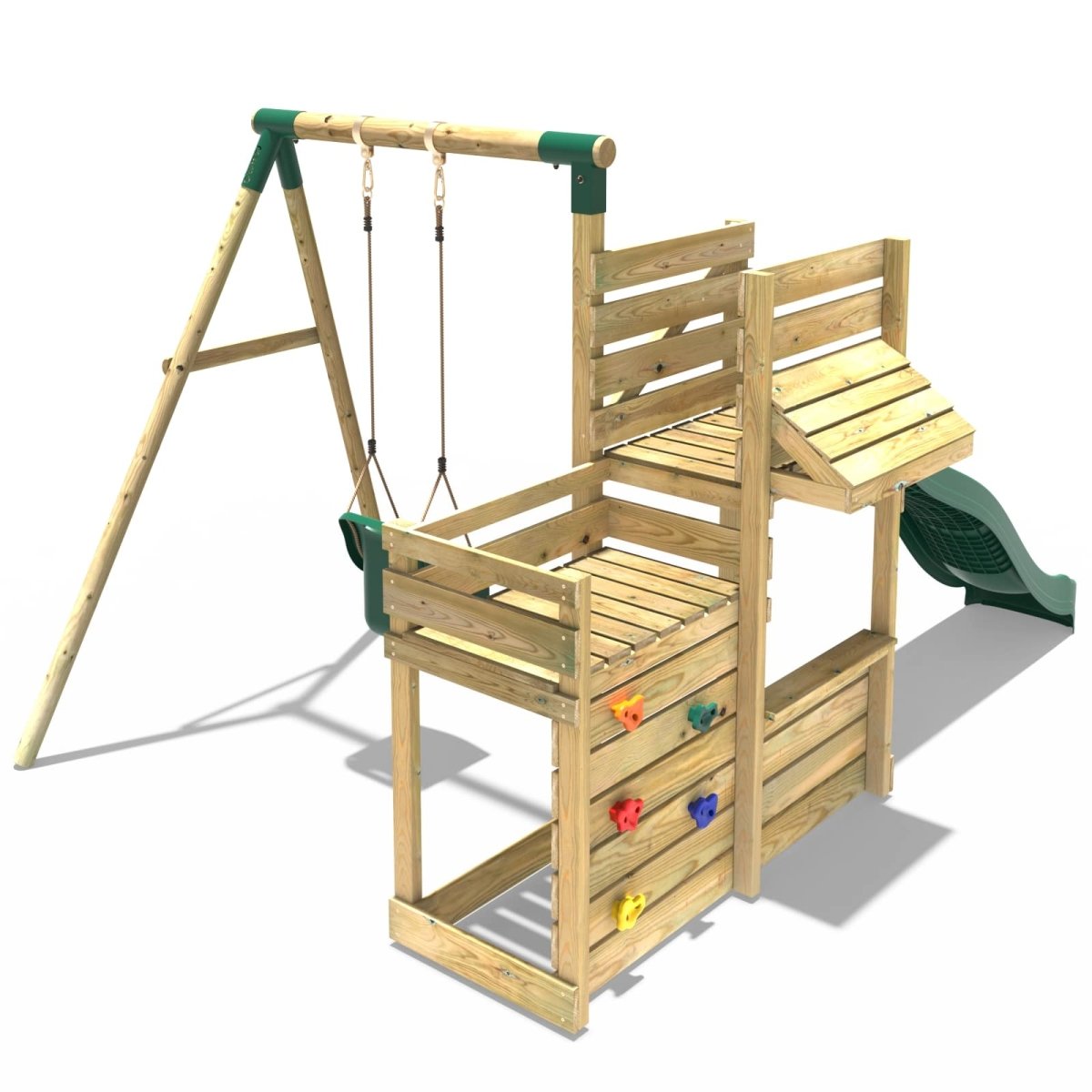 Rebo Wooden Swing Set with Deluxe Add on Deck & 8FT Slide - Pluto Green