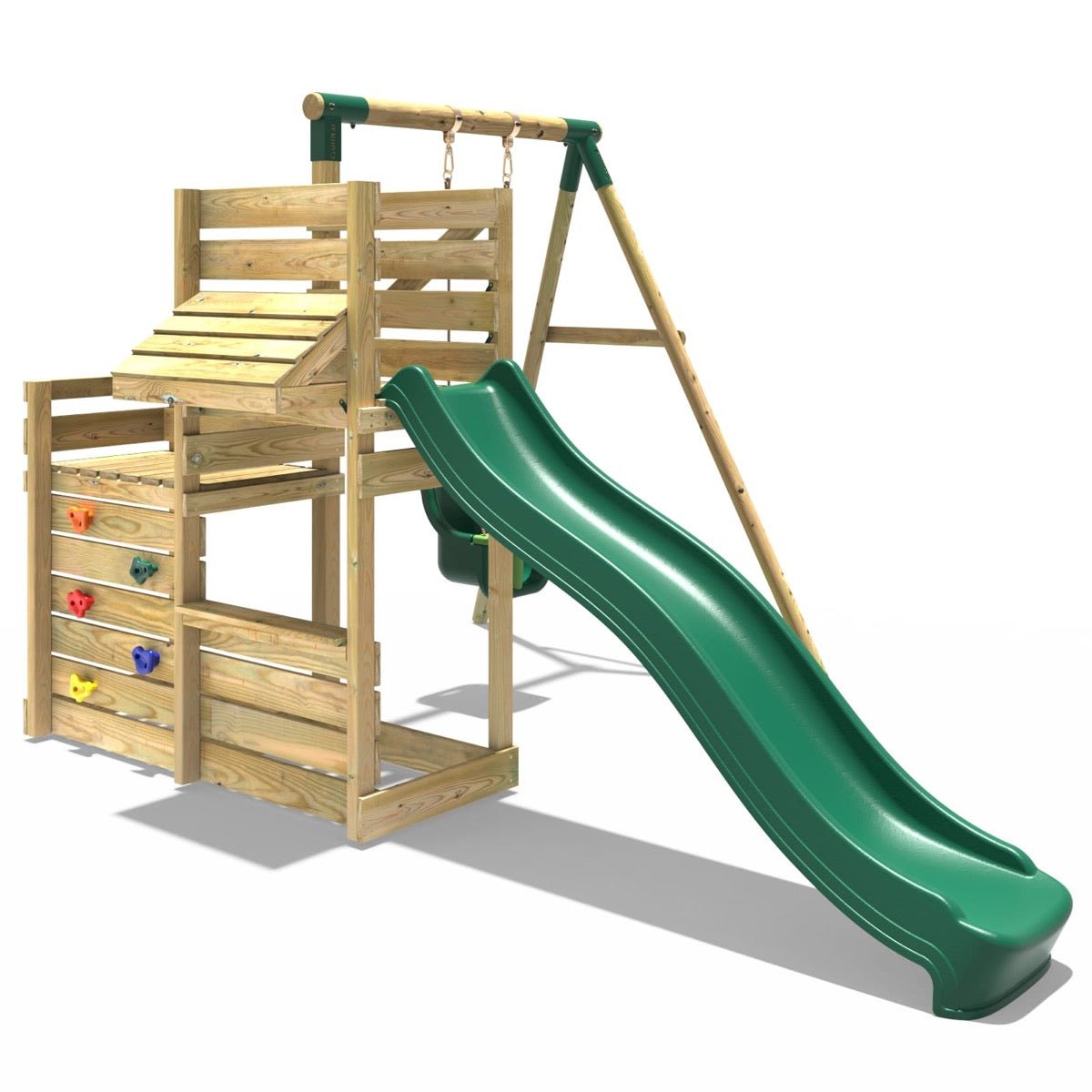 Rebo Wooden Swing Set with Deluxe Add on Deck & 8FT Slide - Pluto Green