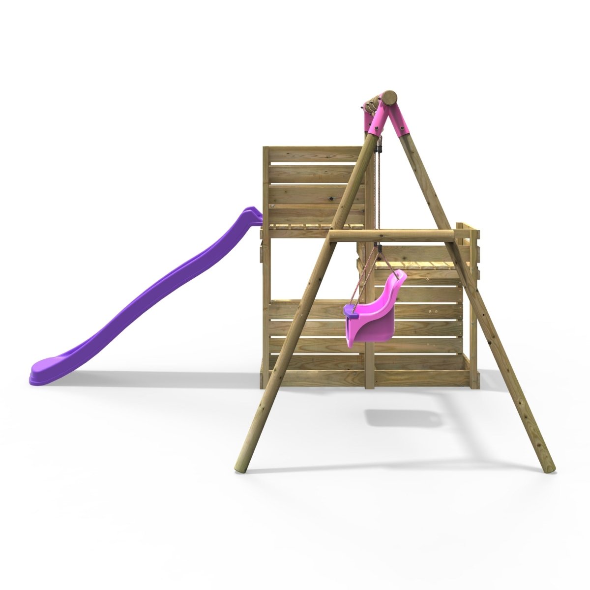 Rebo Wooden Swing Set with Deluxe Add on Deck & 8FT Slide - Pluto Pink