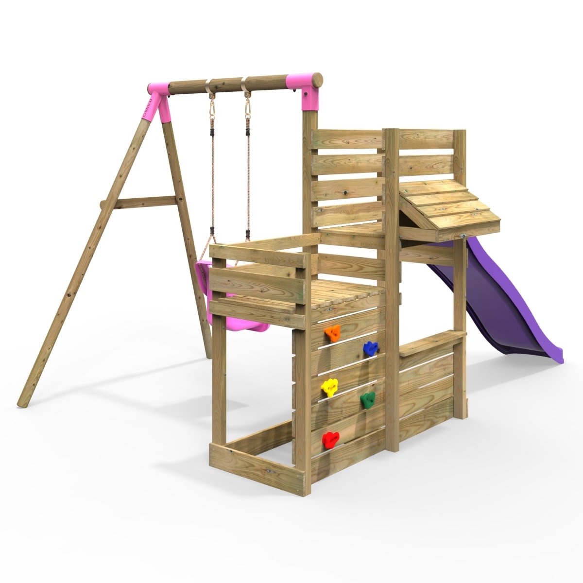 Rebo Wooden Swing Set with Deluxe Add on Deck & 8FT Slide - Pluto Pink