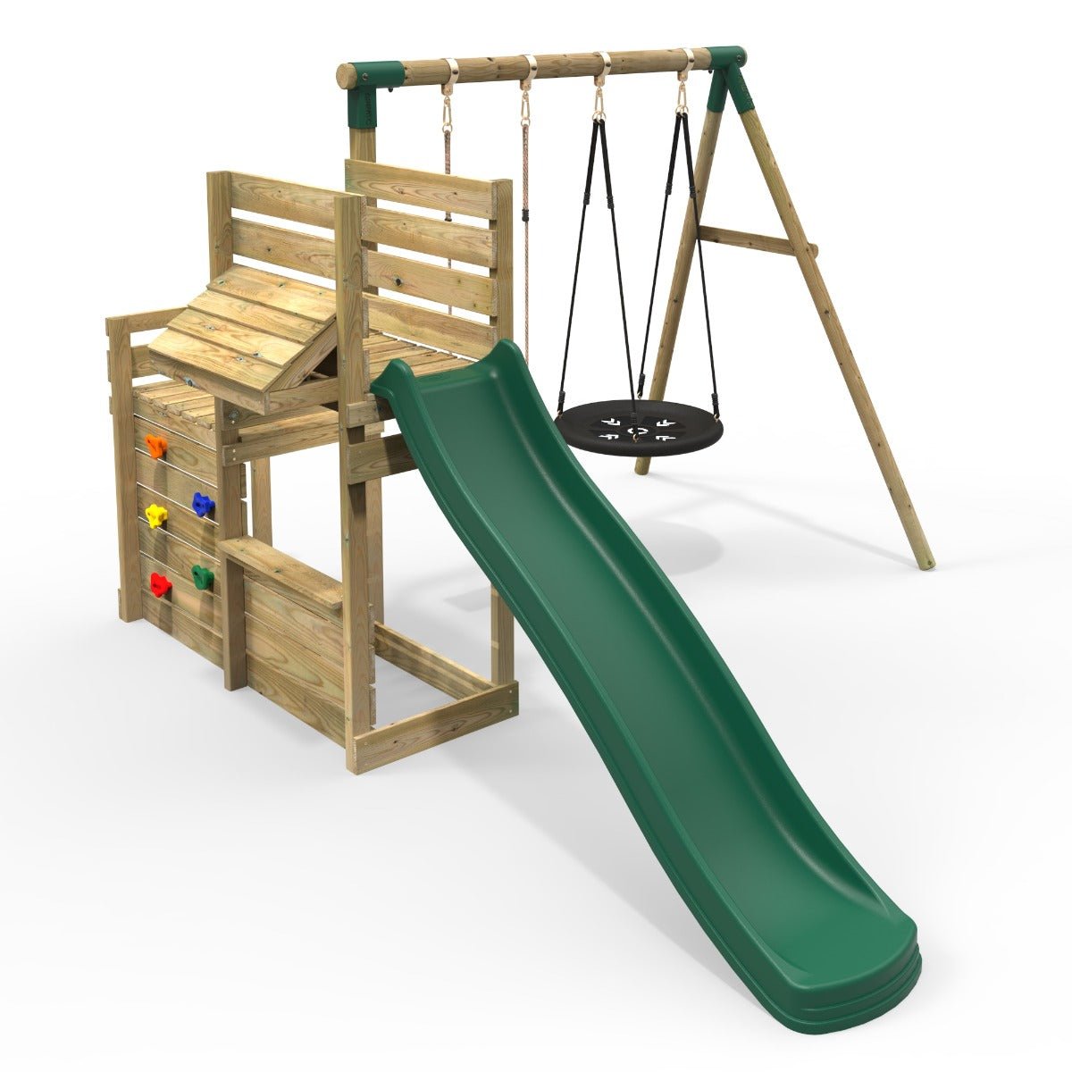 Rebo Wooden Swing Set with Deluxe Add on Deck & 8FT Slide - Satellite Green