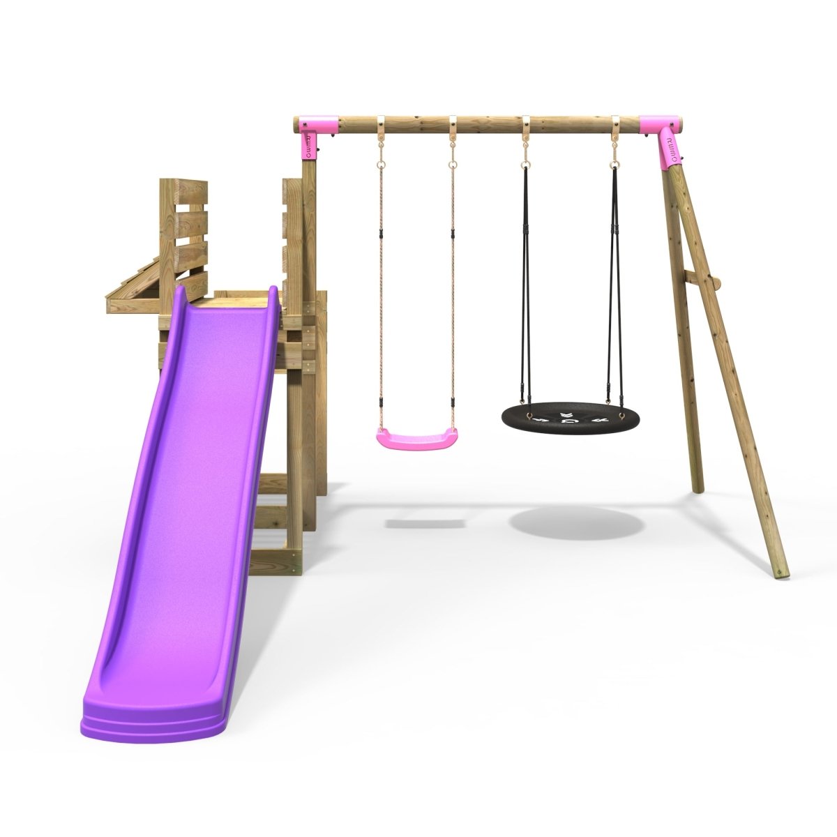 Rebo Wooden Swing Set with Deluxe Add on Deck & 8FT Slide - Satellite Pink