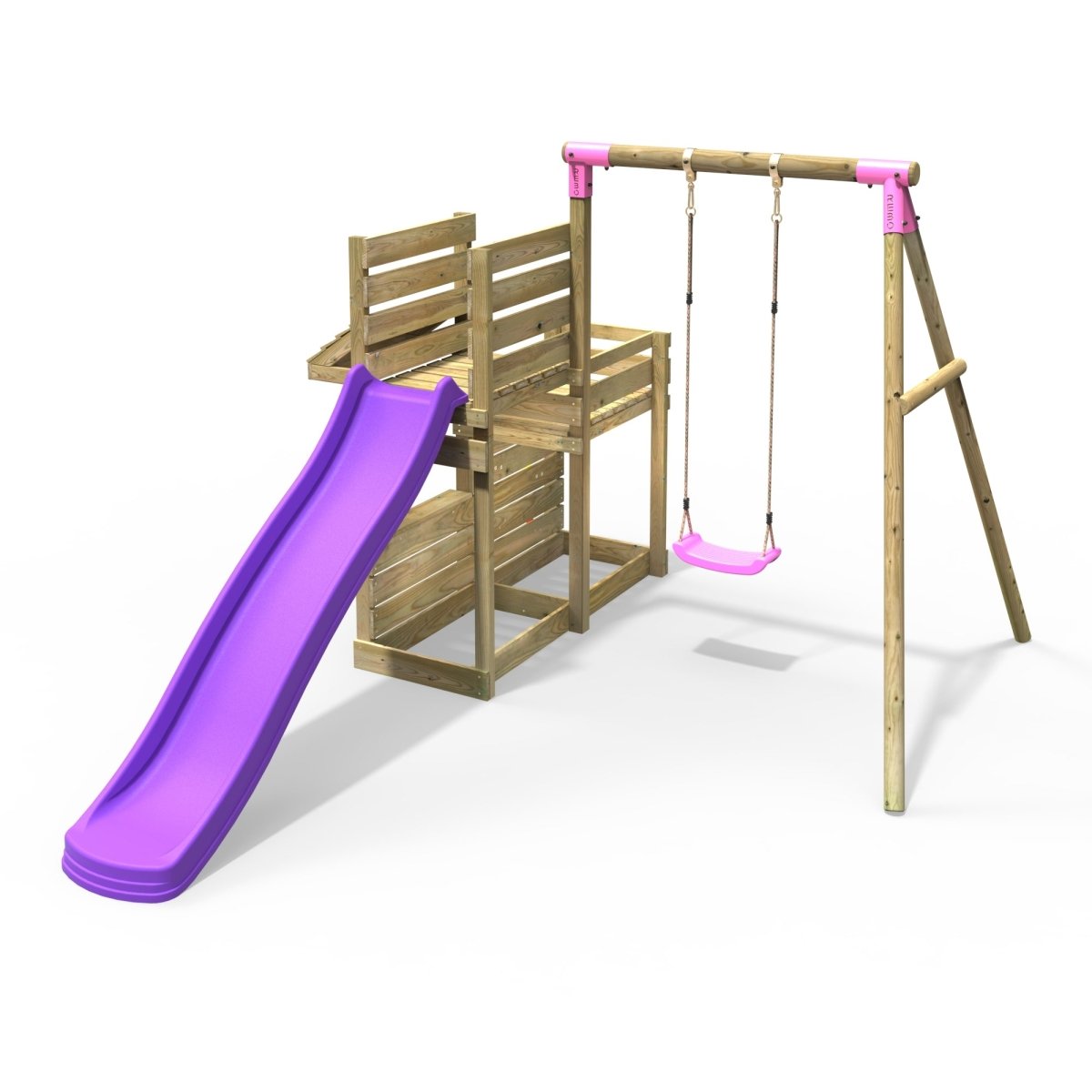 Rebo Wooden Swing Set with Deluxe Add on Deck & 8FT Slide - Solar Pink
