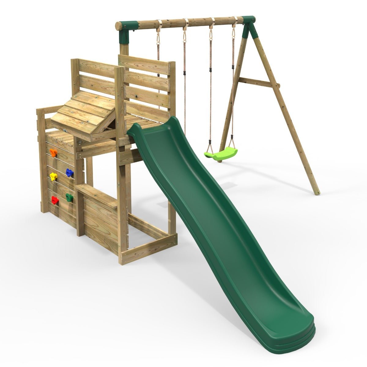 Rebo Wooden Swing Set with Deluxe Add on Deck & 8FT Slide - Venus Green