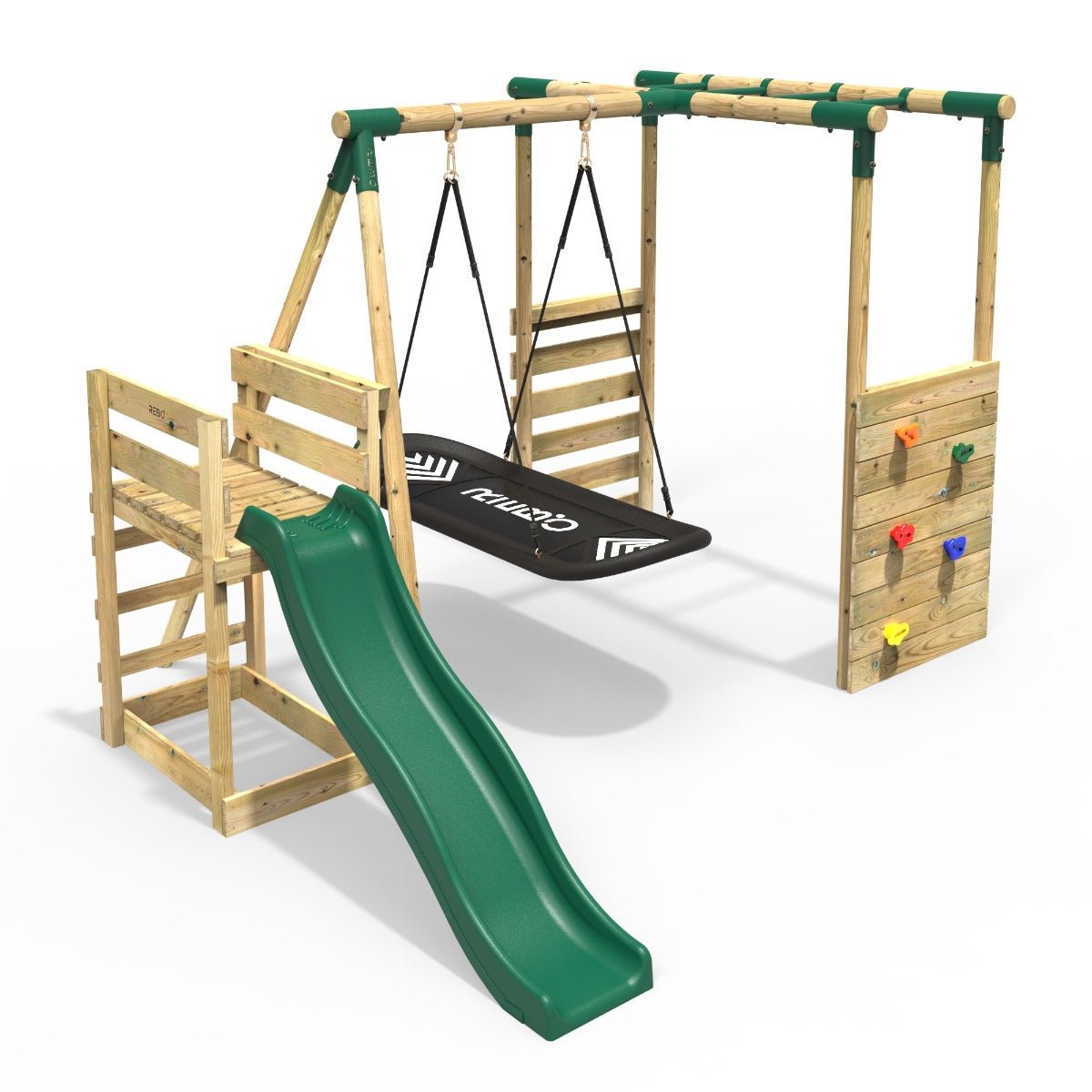 Rebo Boat Green Wooden Swings w/ Monkey Bars & 6FT Slide