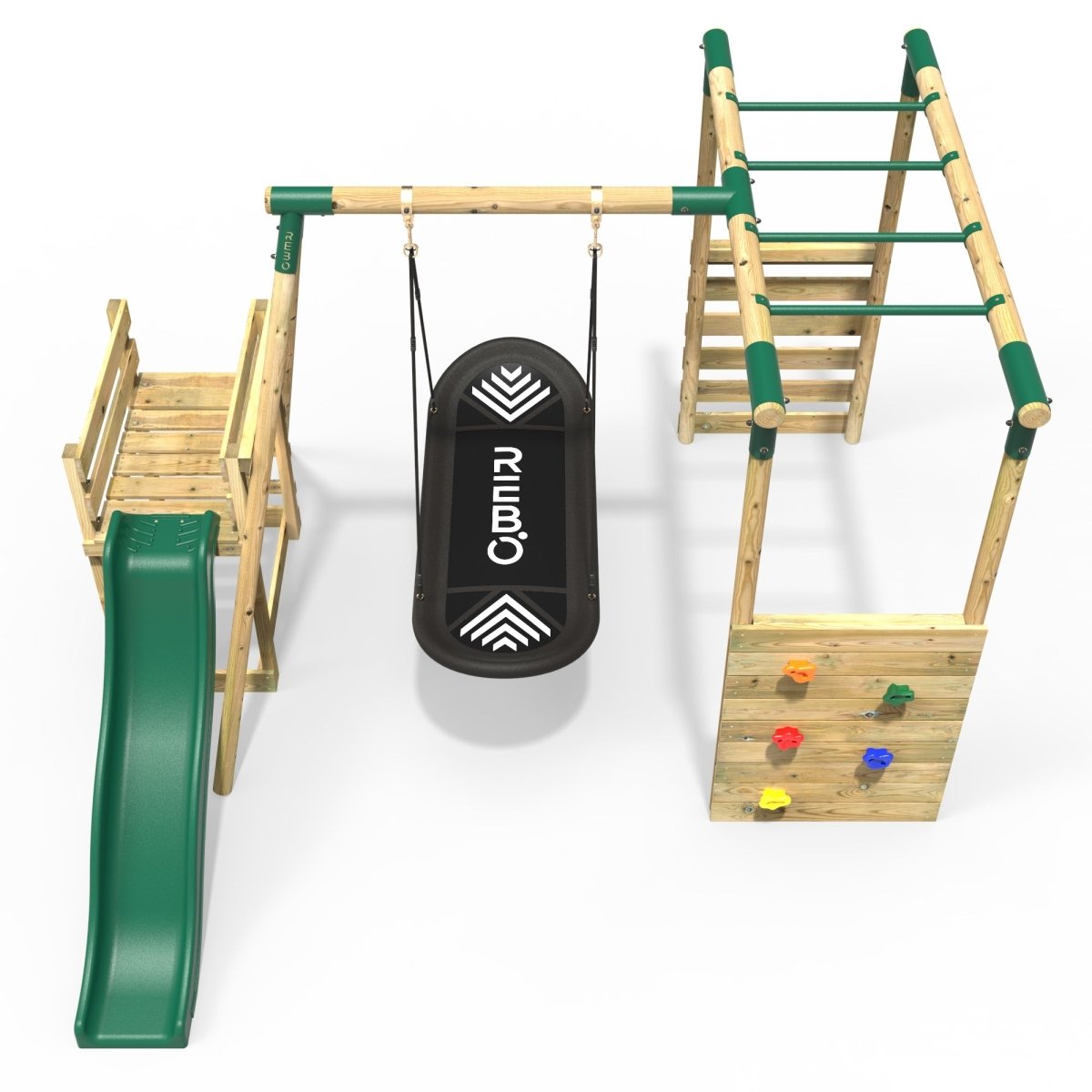 Rebo Boat Green Wooden Swings w/ Monkey Bars & 6FT Slide